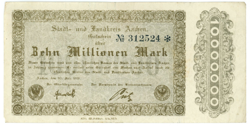 Germany - Weimar Republic Aachen 10 Million Mark 1923

# 312524; Now Aachen in...