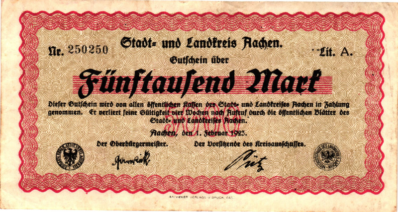 Germany - Weimar Republic Aachen 5000 Mark 1923

N# 335938; Merkelb 1# 8,9 ; #...