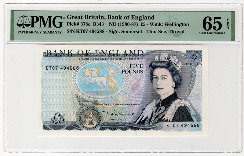 Great Britain 5 Pounds 1980 - 1987(ND) PMG 65 EPQ Gem UNC

P# 378c, N# 202802;...