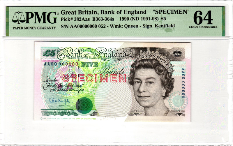 Great Britain Bank of England 5 Pounds 1990 (1991 - 1998) (ND) Specimen 64 Choic...