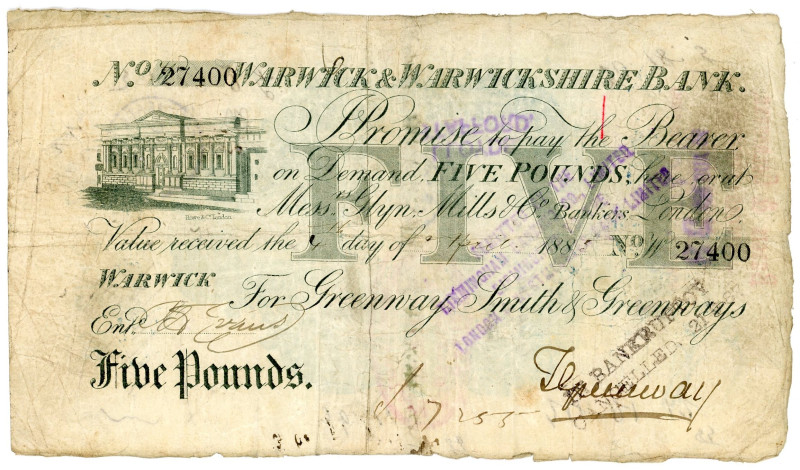 Great Britain Warwick & Warwickshire Bank 5 Pounds 1885

# W 27400; VG