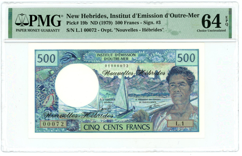 New Hebrides 500 Francs 1979 (ND) PMG 64 EPQ Choice UNC

P# 19b, N# 207297; # ...