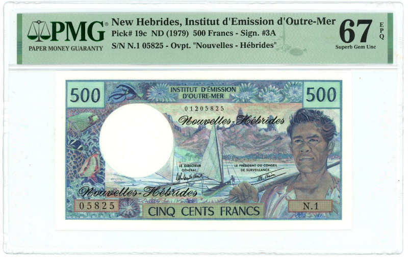 New Hebrides 500 Francs 1979 (ND) PMG 67 EPQ Superb Gem UNC

P# 19c, N# 207297...