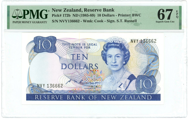 New Zealand 10 Dollars 1985 - 1989 (ND) PMG 67 EPQ Superb Gem UNC

P# 172b, N#...