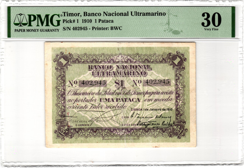 Timor 1 Pataca 1910 PMG 30 Very Fine

P# 1, N# 370400; # 402945