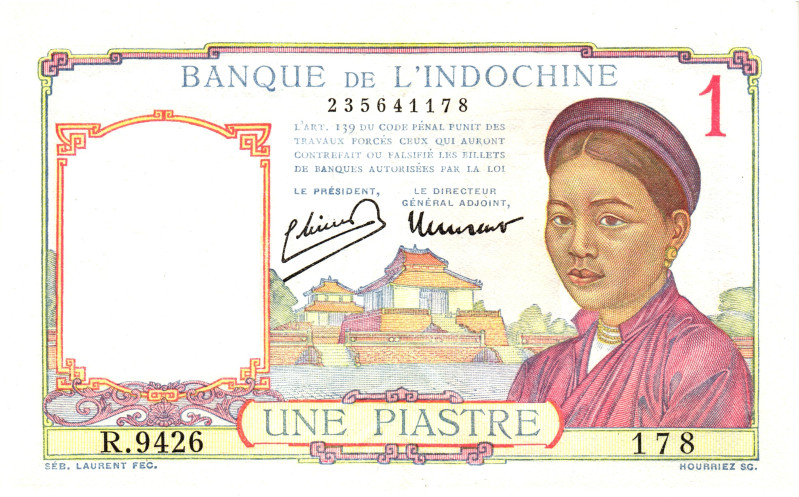 French Indochina 1 Piastre 1949 (ND)

P# 54e, N# 292244; # R 9426 235641178; X...