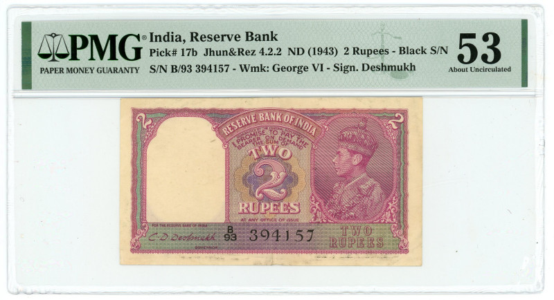 India 2 Rupees 1943 (ND) PMG 53 AUNC

P# 17b, N# 203975; # B/93 394157