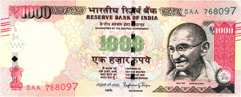 India 1000 Rupees 2014

P# 107k, N# 202272; # 5 AA 768097; AUNC