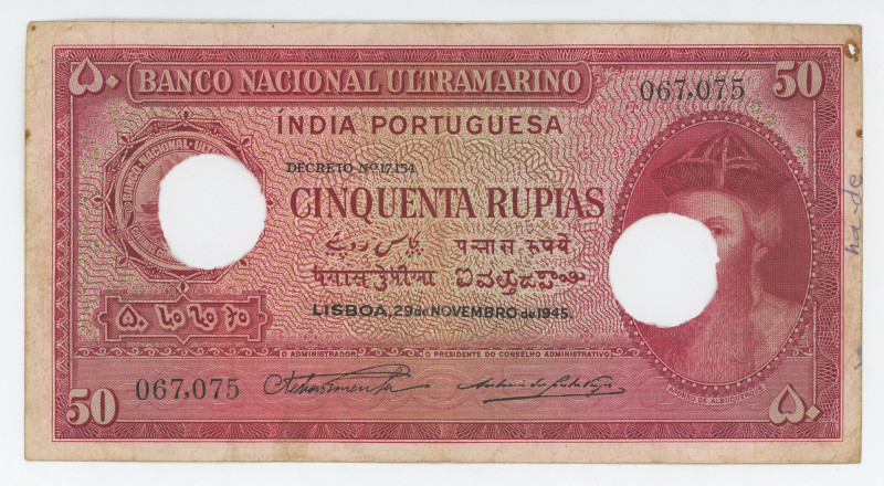 Portuguese India 50 Rupias 1945 Cancelled Note

P# 38, N# 215926; # 067075; VF