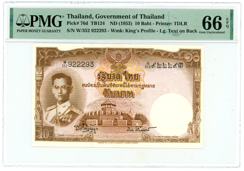 Thailand 10 Baht 1953 (ND) PMG 66 EPQ Gem UNC

P# 76d, N# 207575; # W/352 9222...