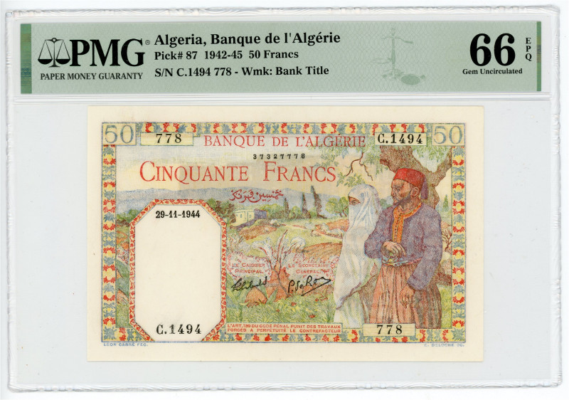 Algeria 50 Francs 1942 - 1945 PMG 66 EPQ Gem Uncirculated

P# 87, N# 207713; #...