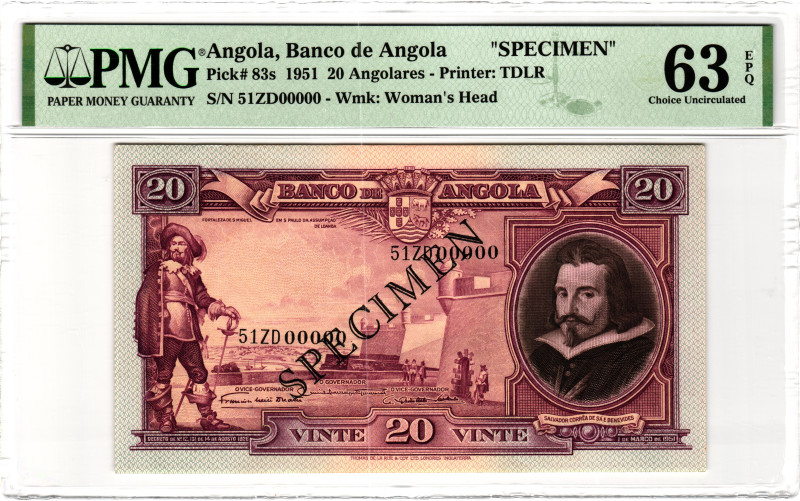 Angola 20 Angolares 1951 Specimen PMG 63 EPQ Choice Uncirculated

P# 83s, N# 2...