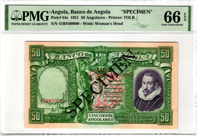 Angola 50 Angolares 1951 Specimen PMG 66 EPQ Gem Uncirculated

P# 84s, N# 2165...