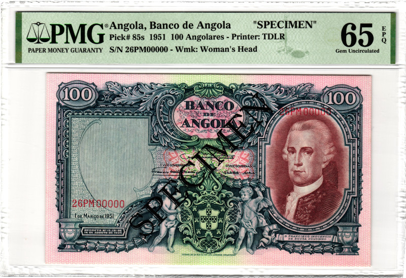 Angola 100 Angolares 1951 Specimen PMG 65 EPQ Gem Uncirculated

P# 85s, N# 216...