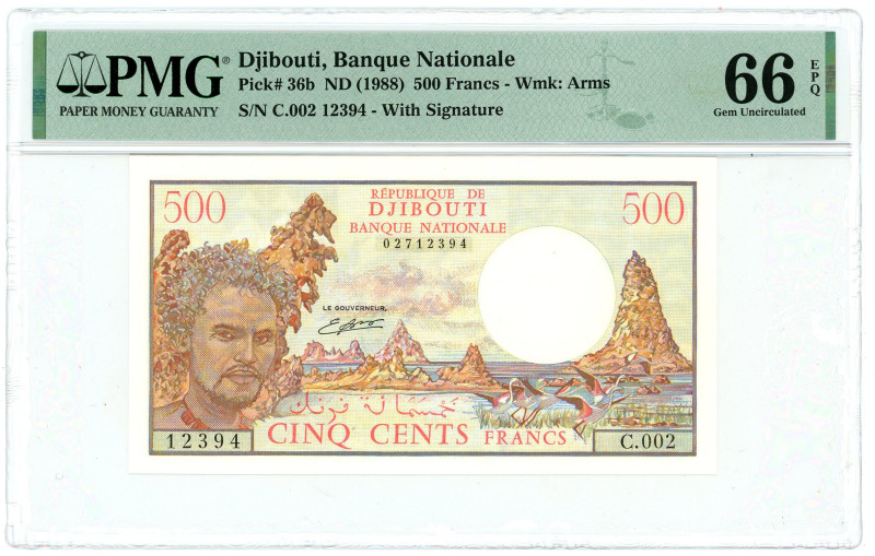 Djibouti 500 Francs 1988 (ND) PMG 66 EPQ Gem UNC

P# 36b, N# 210042; # C.002 1...