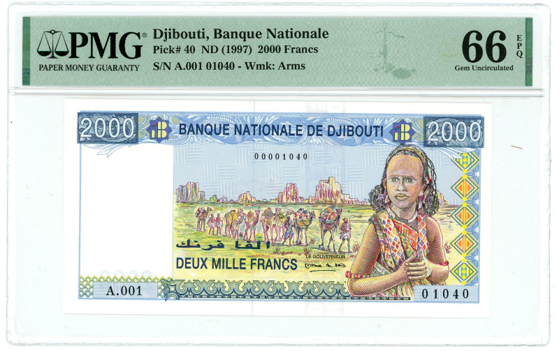 Djibouti 2000 Francs 1997 (ND) PMG 66 EPQ Gem UNC

P# 40, N# 234513; # A.001 0...