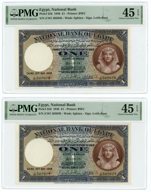 Egypt 2 x 1 Pound 1948 Consecutive Pair PMG 45 EPQ Choice Exteremely Fine

P# ...