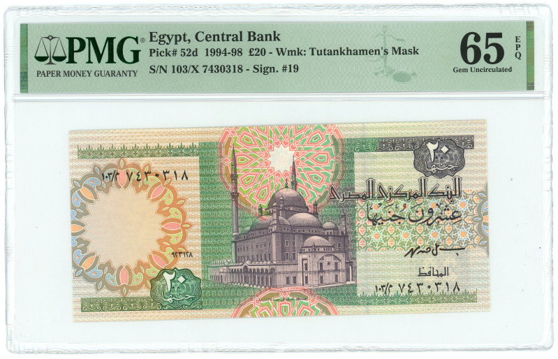 Egypt 20 Pounds 1994 - 1998 PMG 65 EPQ Gem UNC

P# 52d, N# 207654; # 103 / X 7...