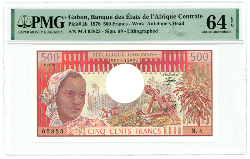 Gabon 500 Francs 1978 PMG 64 EPQ Choice UNC

P# 2b, N# 207603; # M 4 03823