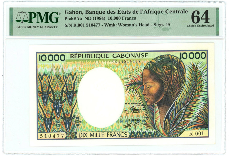 Gabon 10000 Francs 1984 (ND) PMG 64 Choice UNC

P# 7a, # R.001 510477