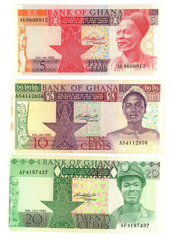 Ghana 5 - 10 - 20 Cedis 1980

P# 19b - 21b, XF-AUNC