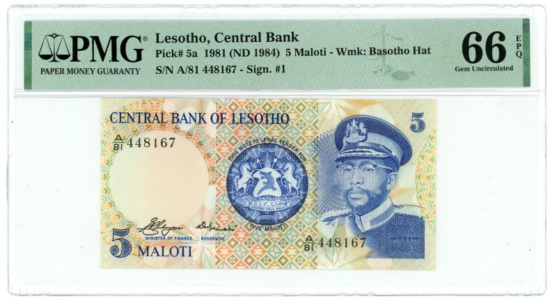 Lesotho 5 Maloti 1981 -1984 (ND) PMG 66 EPQ Gem UNC

P# 5a, N# 270960; # A/81 ...