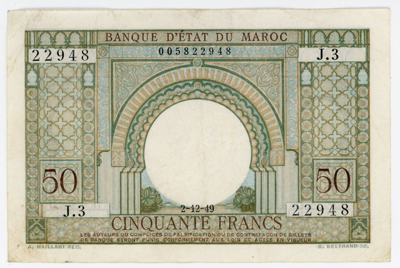 Morocco 50 Francs 1949

P# 44, N# 243509; # J 3 22948; VF