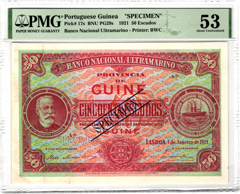 Portuguese Guinea 50 Escudos 1921 Specimen PMG 53 About Uncirculated

P# 17s, ...