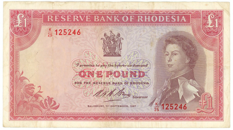 Rhodesia 1 Pound 1967

P# 28c, N# 237442; # K/25 125246; VF