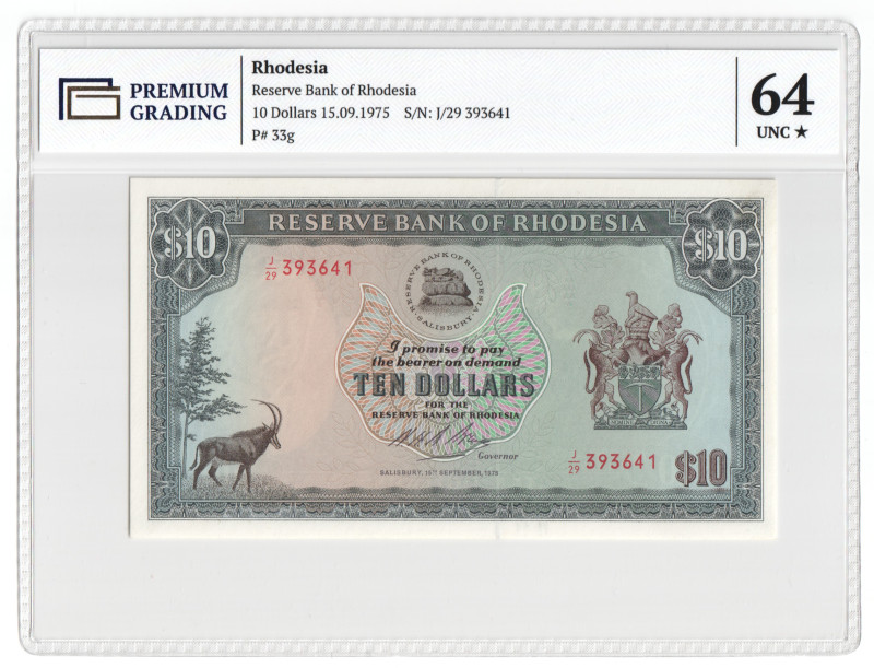 Rhodesia 10 Dollars 1975 PG 64+

P# 33g, N#237572; # J/29 393641; UNC