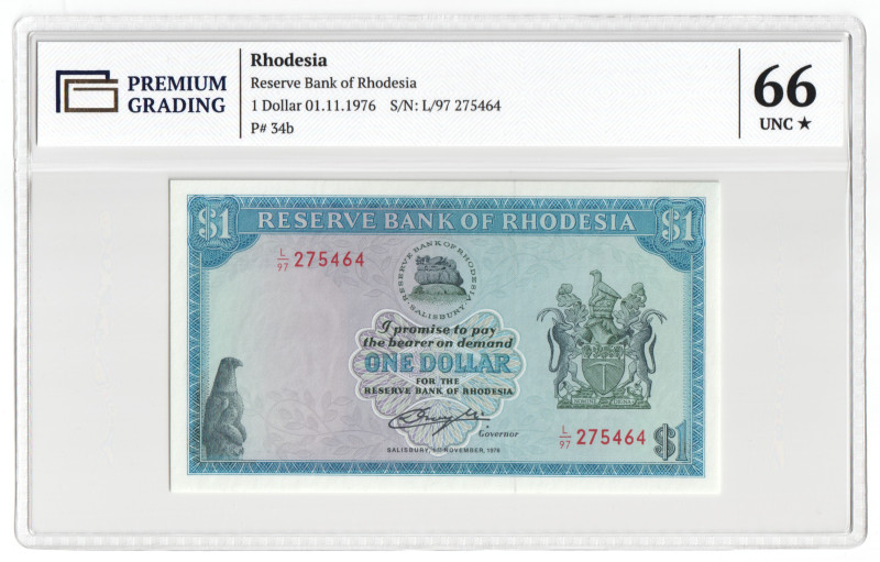 Rhodesia 1 Dollar 1976 PG 66+

P# 34b, N#214666; # L/97 275464; UNC