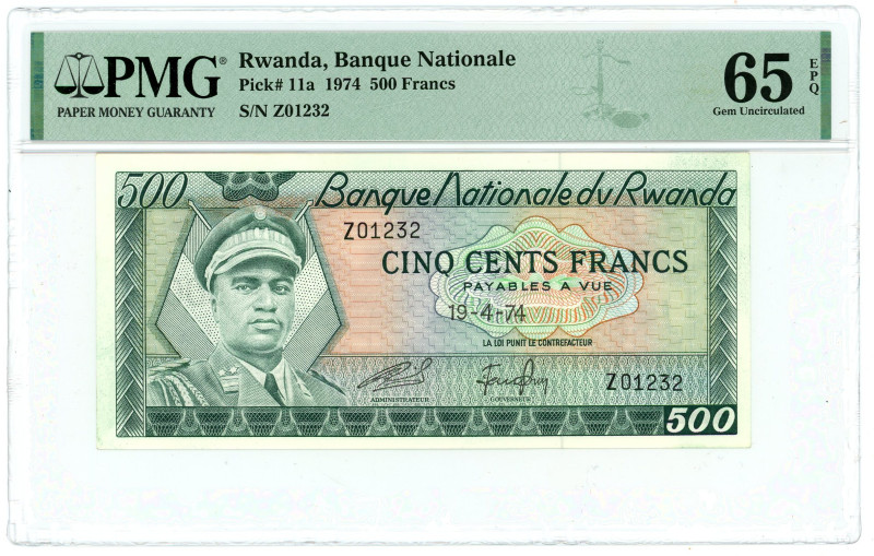 Rwanda 500 Francs 1974 PMG 65 EPQ Gem UNC

P# 11a, N# 227625; # Z01232