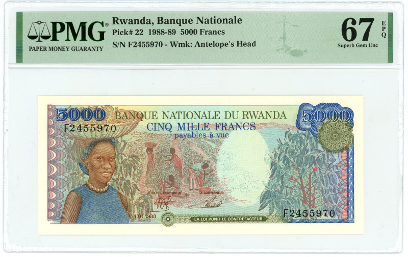 Rwanda 5000 Francs 1988 -1989 PMG 67 EPQ Superb Gem UNC

P# 22, N# 218898; # F...