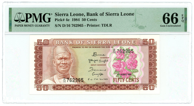 Sierra Leone 50 Cents 1984 PMG 66 EPQ Gem UNC

P# 4e, N# 212322; # D/16 762965