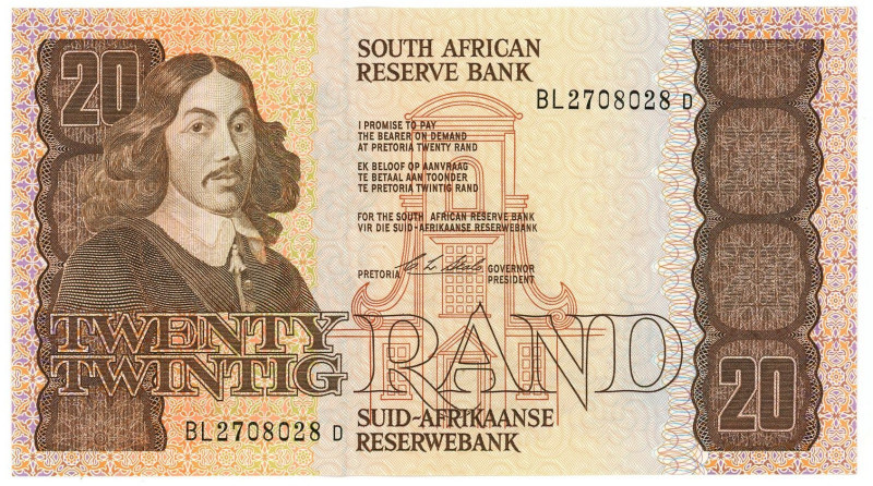 South Africa 20 Rand 1990 - 1993 (ND)

P# 121e, N# 208059; # BL 2708028 D; UNC