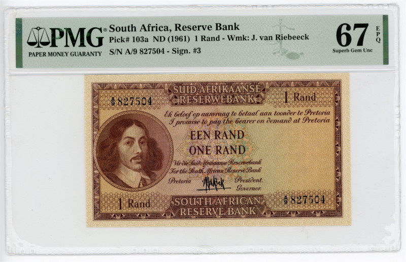 South Africa 1 Rand 1961 (ND) PMG 67 EPQ Superb Gem Uncirculated

P# 103a, N# ...