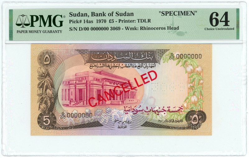 Sudan 5 Pounds 1970 Specimen PMG 64 EPQ Choice UNC

P# 14as, N# 211924; # D / ...