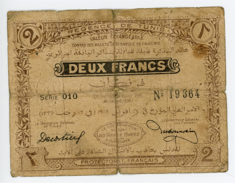 Tunisia 2 Francs 1918

P# 37, N# 288254; # 010 19364; VG