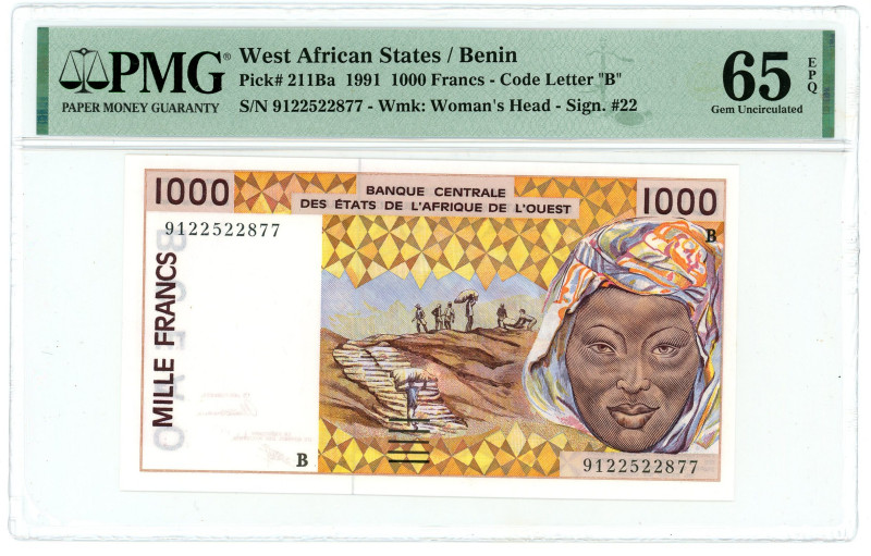 West African States Benin 1000 Francs 1991 B PMG 65 EPQ Gem UNC

P# 211Ba, N# ...