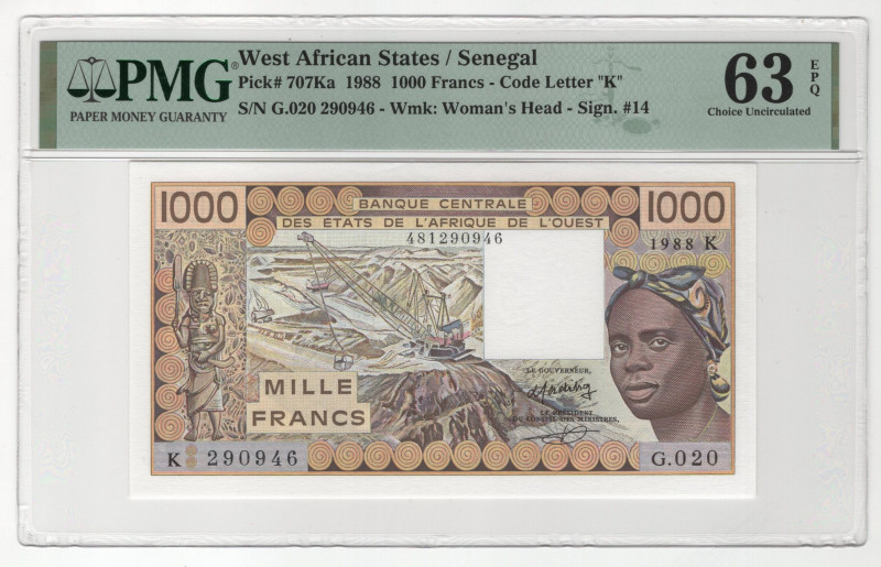 West African States Senegal 1000 Francs 1988 K PMG 63 Choice Uncirulated EPQ

...