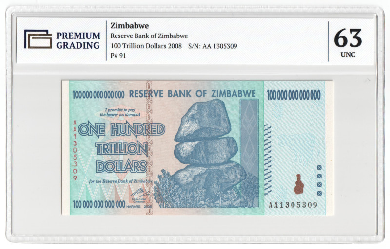 Zimbabwe 100 Trillion Dollars 2008 PG 63

P# 91, N#201552; # AA 1305309; UNC