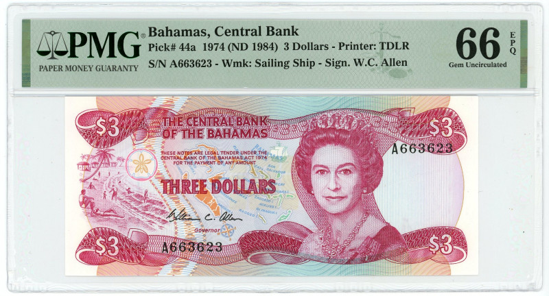 Bahamas 3 Dollars 1974 - 1984 (ND) PMG 66 EPQ Gem UNC

P# 44a, N# 212768; # A6...