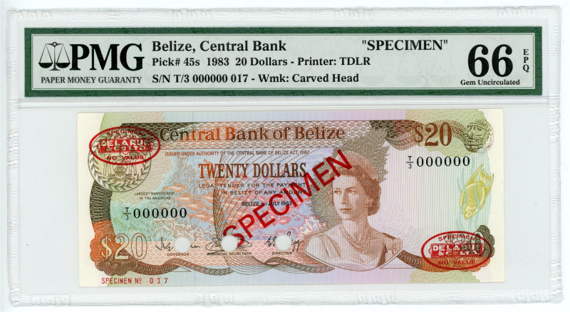 Belize 20 Dollars 1983 Specimen PMG 66 EPQ Gem Uncirculated

P# 45s, N# 276388...