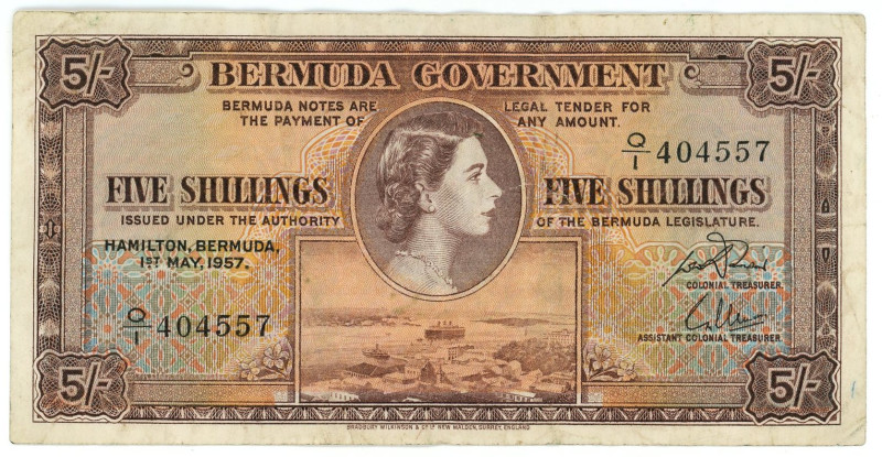 Bermuda 5 Shillings 1957

P# 18b, N# 202480; # Q/I 404557; VF-, Tear