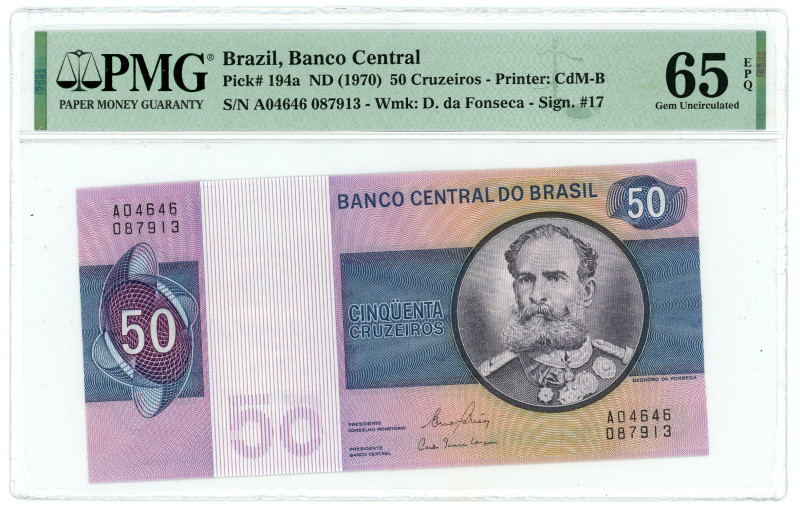 Brazil 50 Cruzeiros 1970 (ND) PMG 65 EPQ Gem UNC

P# 194a, N# 205669; # A04646...