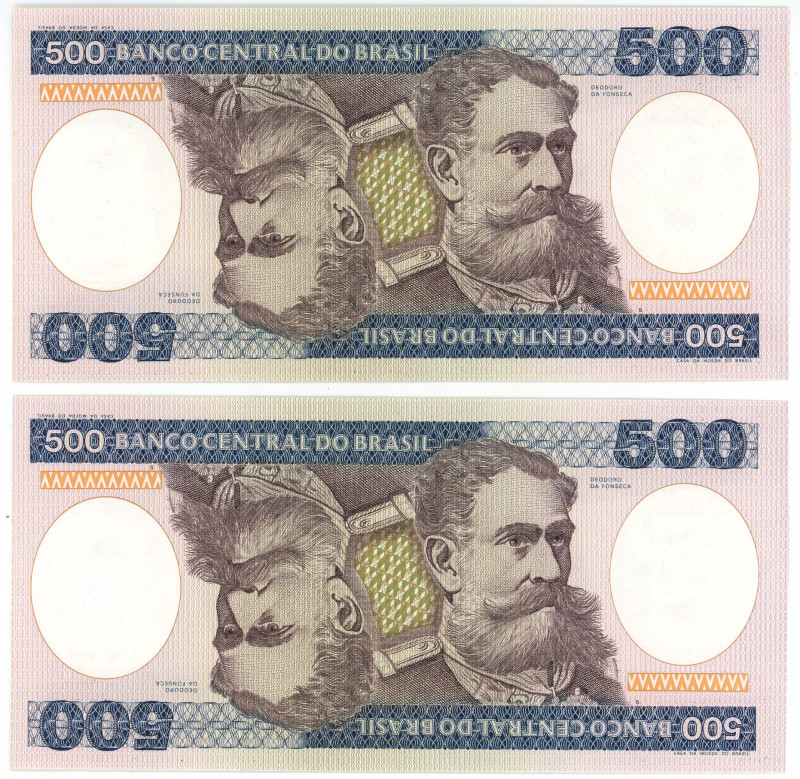 Brazil 2 x 500 Cruzeiros 1985 (ND) Consecutive Pair

P# 200b, N# 205673; # A 3...