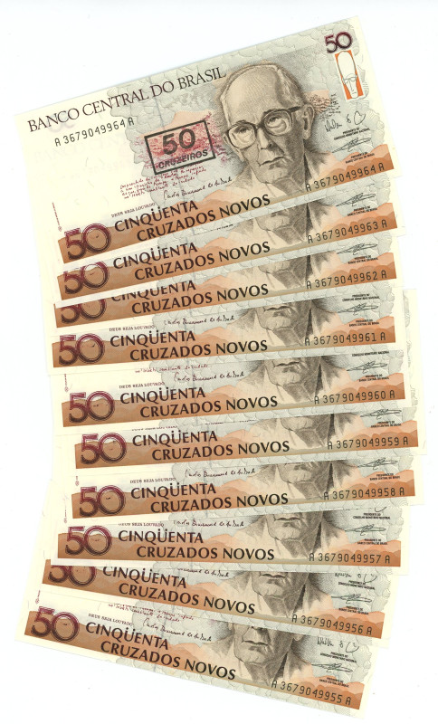 Brazil 10 x 50 Cruzeiros on 50 Cruzados Novos 1990 (ND) Consecutive Numbers

P...