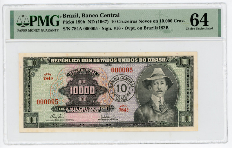 Brazil 10 Cruzeiros Novos on 10000 Cruzeiros 1967 (ND) Overprint PMG 64 Choice U...