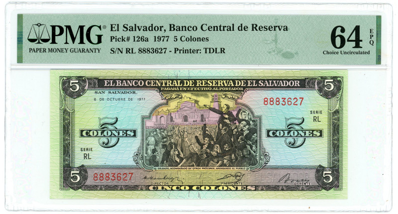 El Salvador 5 Colones 1977 PMG 64 EPQ Choice UNC

P# 126a, N# 212093; # RL 888...