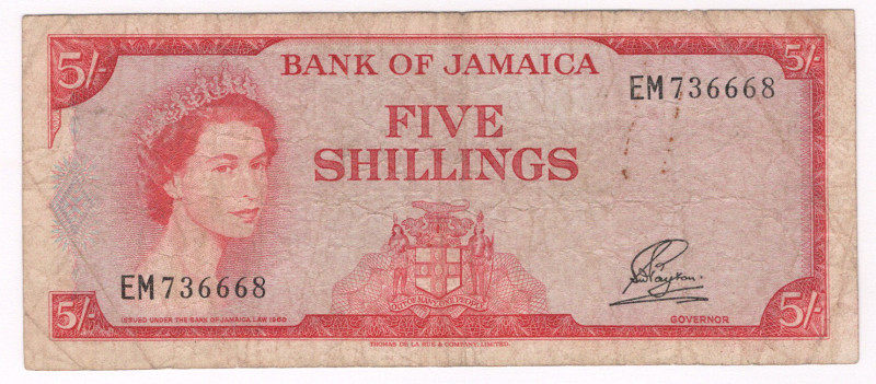 Jamaica 5 Shillings 1960 -1964

P# 51Ab, N#210304; # EM736668; VF